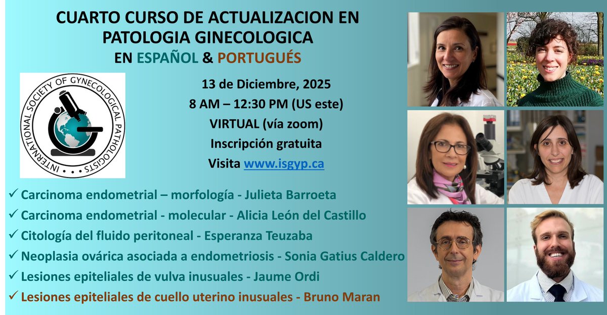 Happening this weekend!
Join us for the ISGyP Spanish-Speaking Gynecological Pathology Course, live online via Zoom!
📅 December 13
🕗 8:00 AM (U.S. Eastern Time)
🔗 isgyp.ca
#PathTwitter #GynPath #Gynaepath