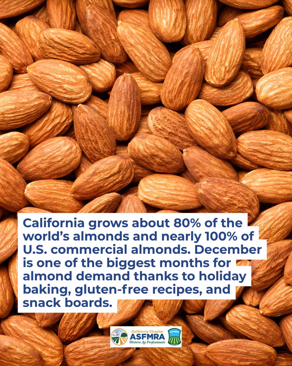 calasfmra's tweet photo. Did you know nearly every almond in your holiday baking comes from California?

Talk about local impact on global traditions.

#calasfmra #asfmra #AG #FarmFactFriday #CaliforniaAlmonds #Almonds https://t.co/gc97N0gFyA