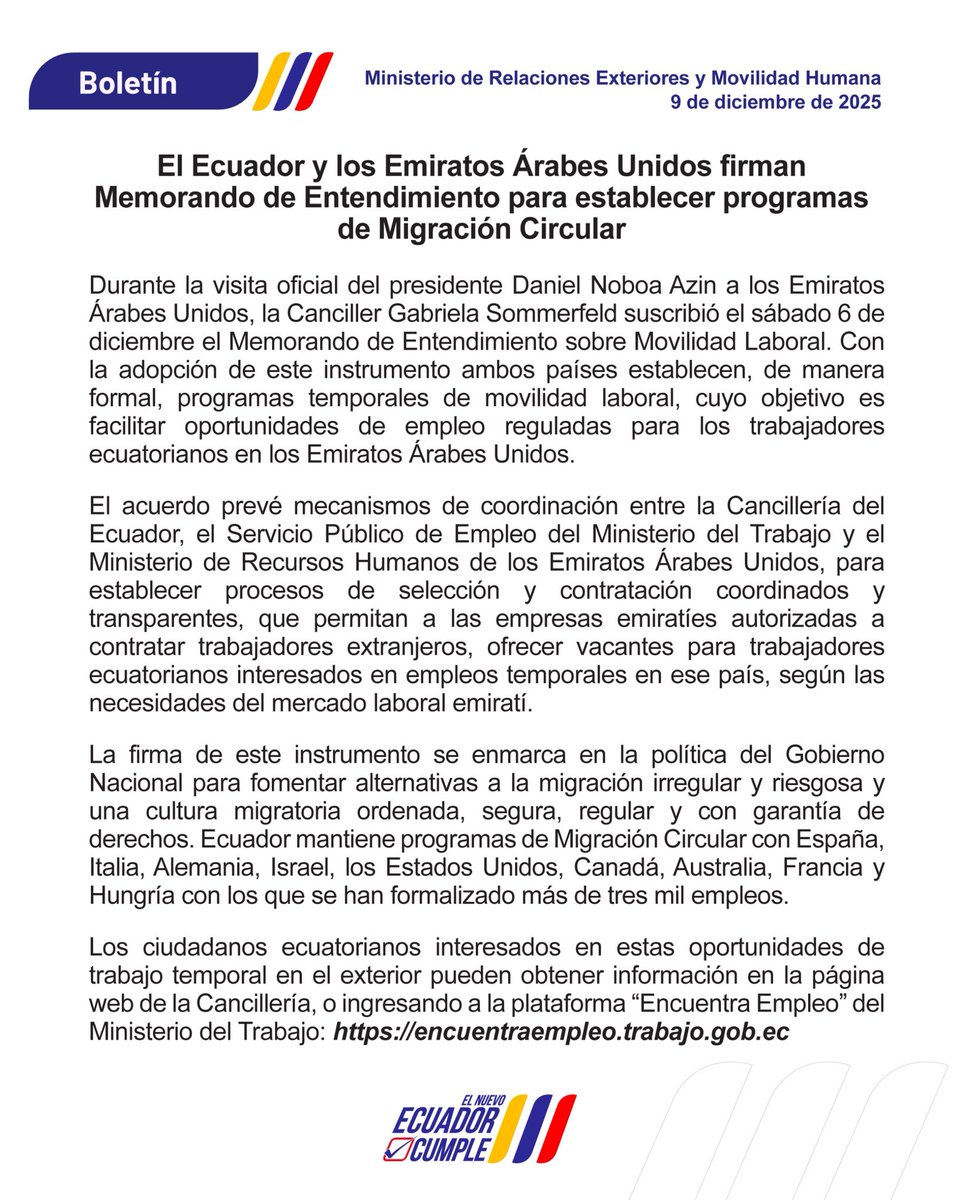 Boletín |

El Ecuador y los Emiratos Árabes Unidos firman Memorando de Entendimiento para establecer programas de Migración Circular.
