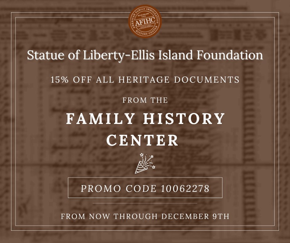 StatueEllisFdn's tweet image. For today, Dec 9th, enjoy 15% off all heritage document reproductions when you use promo code 10062278 in our online shop!  Reminder to order today to have the best change of the order arriving by December 25! 
statueofliberty.org/shop/
 
#ellisisland #nyc #familylegacy #gifts