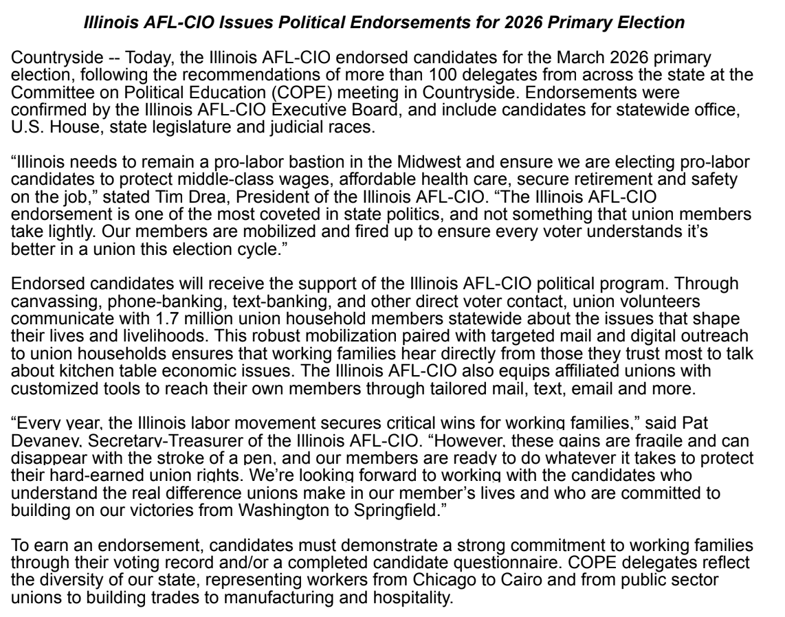 mattheweadie22's tweet photo. Full statement from the AFL-CIO, staying out of most congressional primaries but backing Biss in #IL9 and Garcia in #IL4 https://t.co/fCTy62OzTI