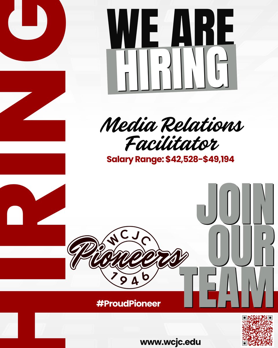 MikeWilkinson09's tweet image. Are you a good writer that can tell a story? Do you communicate well with people? If so, think about applying for our Media Relations Facilitator position. To apply, scan the QR code or visit wcjc.edu. #SAPRO #HigherEd #ProudPioneer 📝