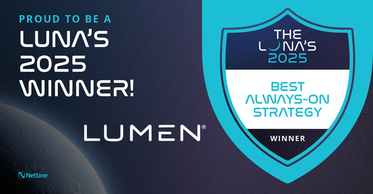 LumenCPP's tweet image. .@LumenTechCo is named winner of Best Always-On Strategy at the 2025 Luna Awards for our @NetLine campaign!

Our NetLine campaign delivers the best of @Cisco Meraki and Webex Solutions for businesses. 

✅ Meraki: bit.ly/4rJRExs 
✅ Webex: bit.ly/4a2tOqx