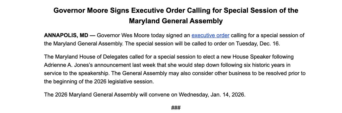 bpsears's tweet image. Gov. Wes Moore calls for a special session of the Maryland General Assembly on Dec. 16 so that the House may elect a new speaker and "consider other business"

Whether or not that "other business" will include midcycle congressional redistricting remains unknown.