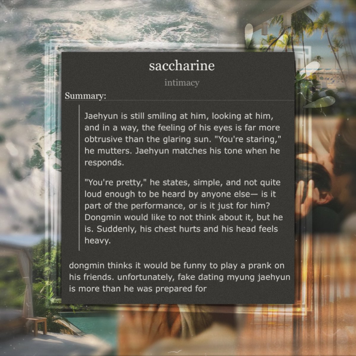 saccharine

☼ myungtae / 멍산
☼ 20k , rated e
☼ fake dating, mutual pining, not actually unrequited love

🔗 archiveofourown.org/works/75487541