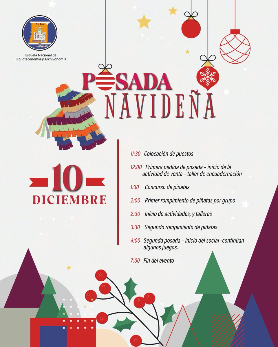 🎄Comunidad ENBA IPN
Te invitamos este 10 de diciembre a la Posada Navideña ENBA.
🥳¡Te esperamos! 
Hora de inicio: 11:30 horas
Lugar: Escuela Nacional de Biblioteconomía y Archivonomía del IPN
#posadasnavideñas #enbaipn #enbaipnalumnos
enba.ipn.mx