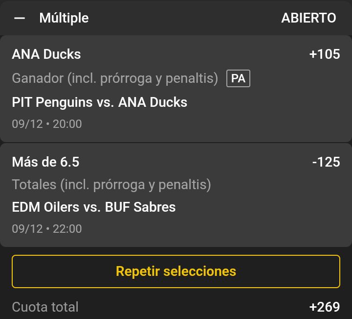 BetIcebreaker's tweet photo. #NHL Martes 09/12/25

🚨 #LaJugadaDePoder 🚨

🏒 Ducks ML +105 (@ElShowDelaNHL Jorge)
🏒 OVER Sabres-Oilers (6,5) -125 (@BetIcebreaker) 

➡️ Dupleta +269

Éxitos... Den like y compartir, mi gente! https://t.co/e1gEtoSvEY