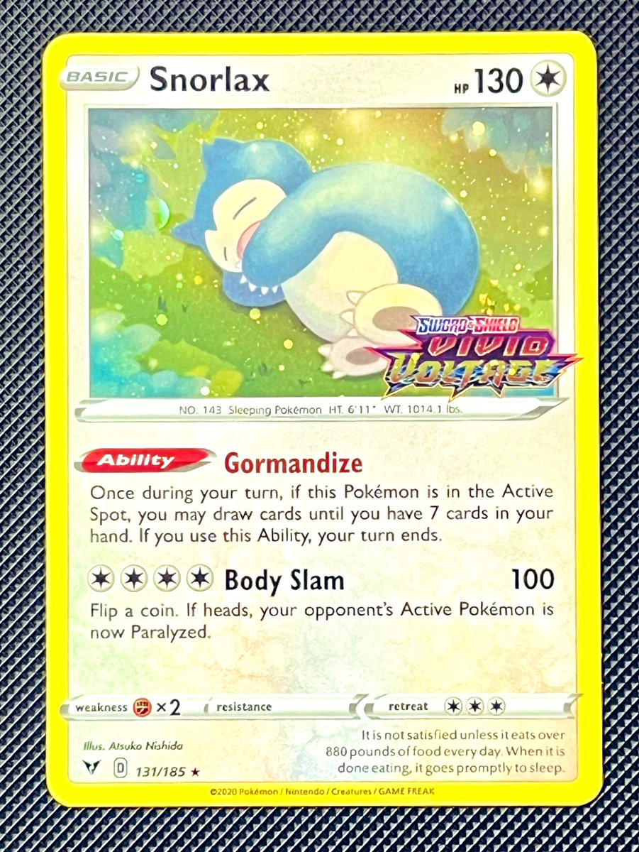 Day 28 of sharing a card from my stamped collection. 

Feeling under the weather so today’s card is the EU exclusive Vivid Voltage stamped Snorlax! Curling up on the ground would be wonderful right now. 🤒💤