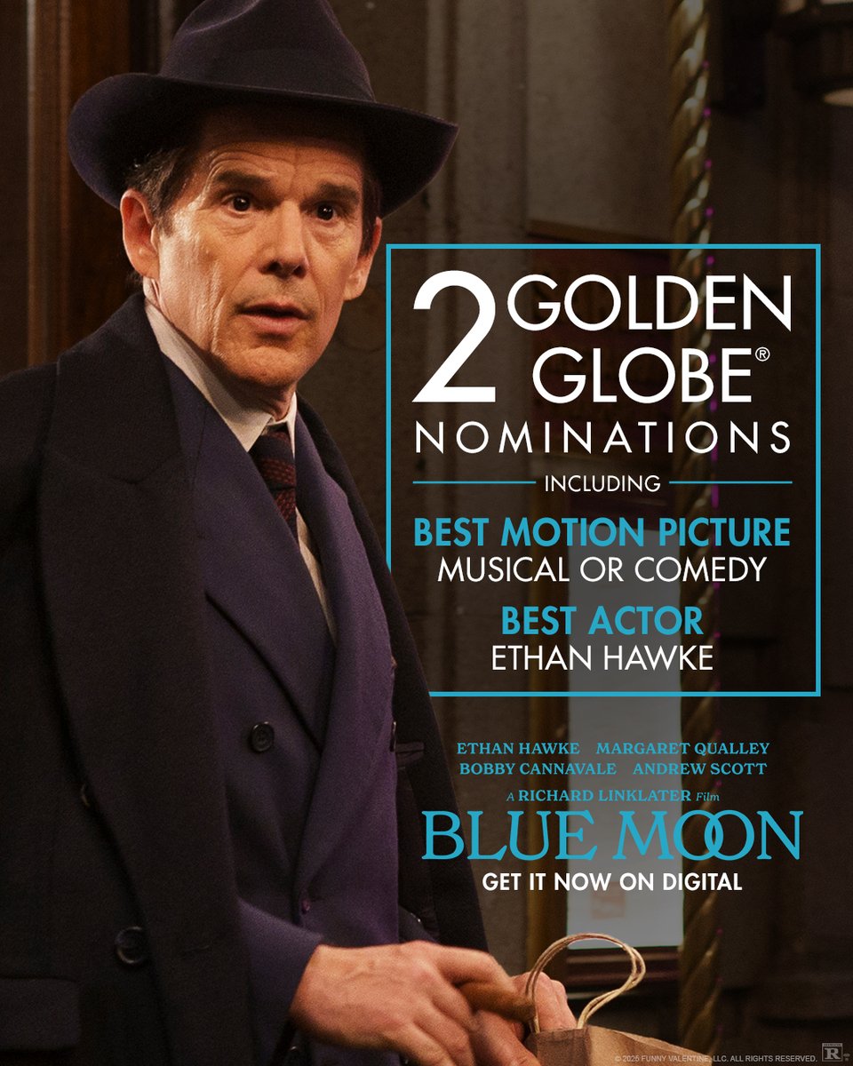 SonyPicsAtHome's tweet image. Flowers are in order 🌹

BLUE MOON has received two Golden Globes nominations! Witness Ethan Hawke at his finest alongside Margaret Qualley, Bobby Cannavale and Andrew Scott in Richard Linklater’s #BlueMoon. CERTIFIED FRESH on @RottenTomatoes 🍅
