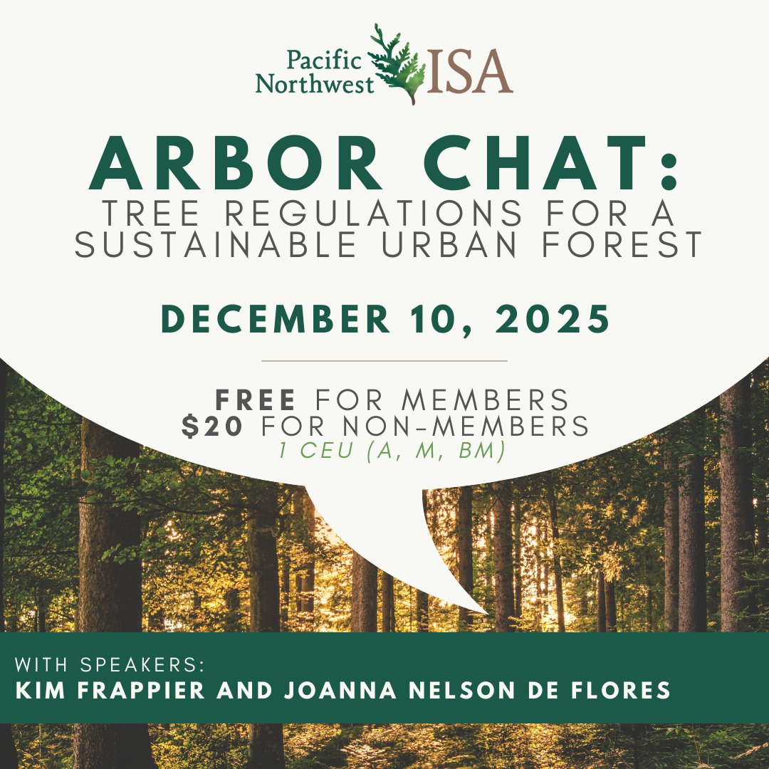 ⏰ Last Chance to Register!

Don’t miss tomorrow’s Arbor Chat: Tree Regulations for a Sustainable Urban Forest happening Wednesday, December 10 at 12 PM PT!

➡️ Registration closes TODAY — Tuesday, December 9! pnwisa.org/events/EventDe…

#UrbanForestry