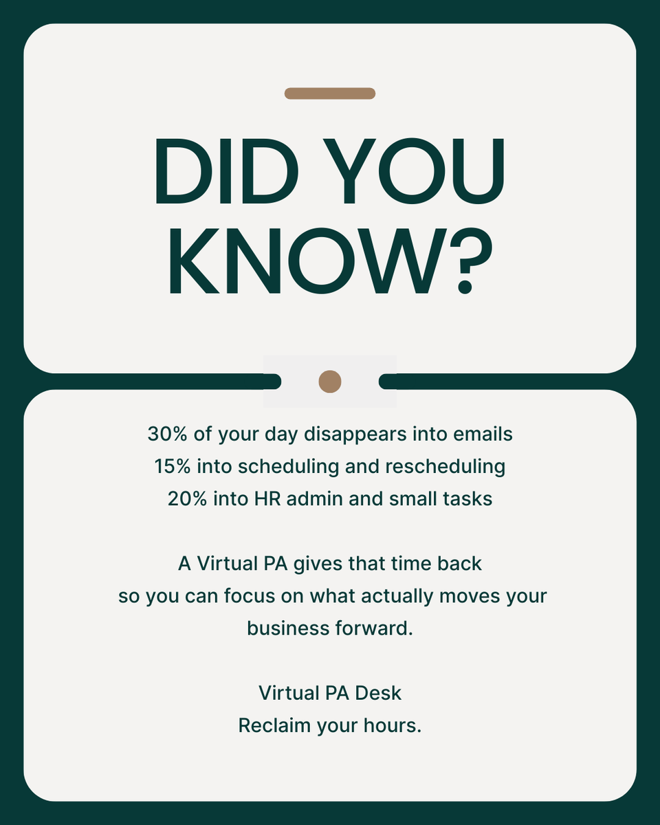 virtualpadesk's tweet image. Losing hours to emails, scheduling and admin? A Virtual PA can give that time back.

Virtual PA Desk helps you stay focused on what actually grows your business.

Reclaim your hours.

#VirtualPA #BusinessSupport #Productivity #AdminSupport #SmallBusiness