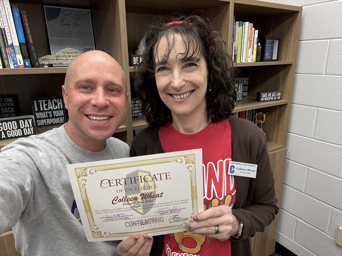 opieblackwell's tweet photo. Proud and thankful to again help recognize Ms. Wheat, @the_chsknights phenomenal bookkeeper, with her certificate for procurement excellence for  top notch bookkeeping practices. #fcssoundprocurement https://t.co/ucq0Uf0jpc