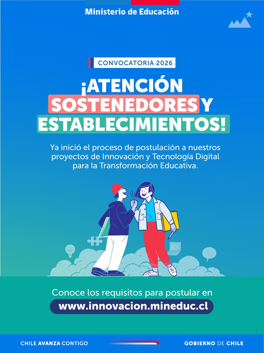 🏫 ¿Sabías que a través de esta convocatoria buscamos acompañar a los establecimientos educativos en la implementación de nuevas prácticas pedagógicas en línea con las habilidades del siglo XXI?

Mas info aquí 👉innovacion.mineduc.cl/convocatoria-2… 🔗