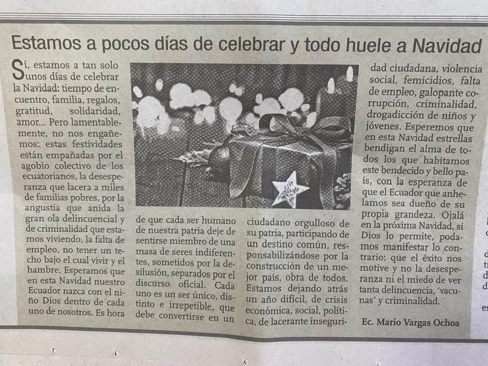 Les compartimos este el artículo de opinión de nuestro vecino, el Econ. Mario Vargas Ochoa, publicado en <a href="/Expresoec/">Diario Expreso</a>