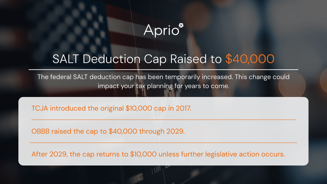 Recent legislation raised the federal SALT deduction cap from $10,000 to $40,000 through 2029. After that, the cap returns to $10,000 unless lawmakers act again.
Understanding these changes is important for year-end tax planning. 

Aprio’s 2025 End of Year Tax Update breaks…