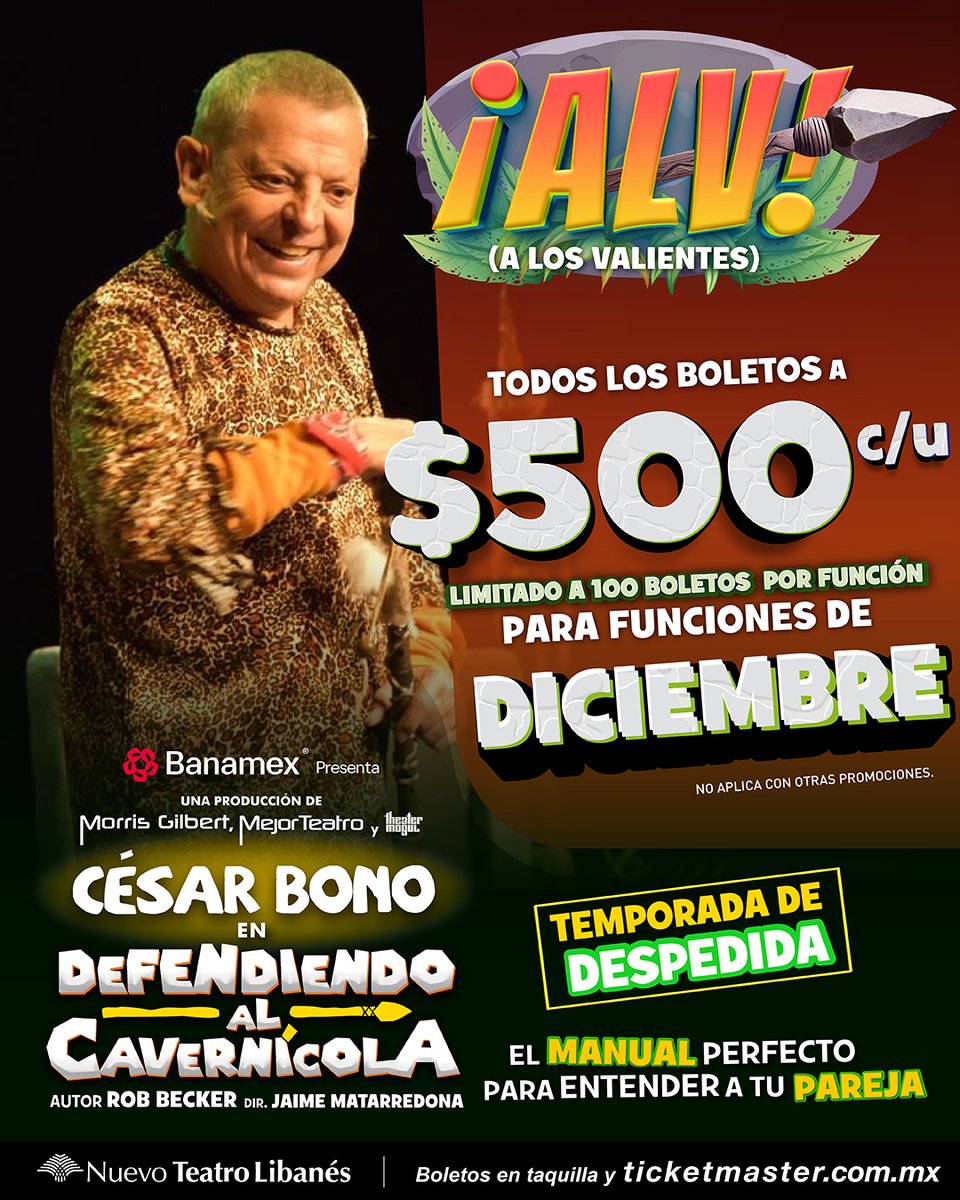 ¿Sin mucho capital para tus regalos de navidad? ¡Aprovecha esta promoción y regala risas y entendimiento de la vida pareja en #DefendiendoAlCavernícola!

🦴 #𝗔𝗟𝗩 (𝗮 𝗹𝗼𝘀 𝘃𝗮𝗹𝗶𝗲𝗻𝘁𝗲𝘀)
✅ Boletos en $500
📆 Para funciones de diciembre
🎟️ bit.ly/DACPrecioALV