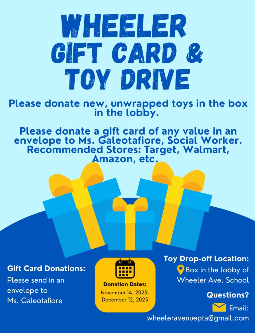 Please consider donating to the <a href="/WheelerAvenue/">Wheeler Avenue School</a> PTA Gift Card &amp; Toy Drive! 🧸🎁

If you are in need of help this holiday season, please contact me 😊 #TeamWheeler <a href="/VS13UFSD/">ValleyStream13UFSD</a>