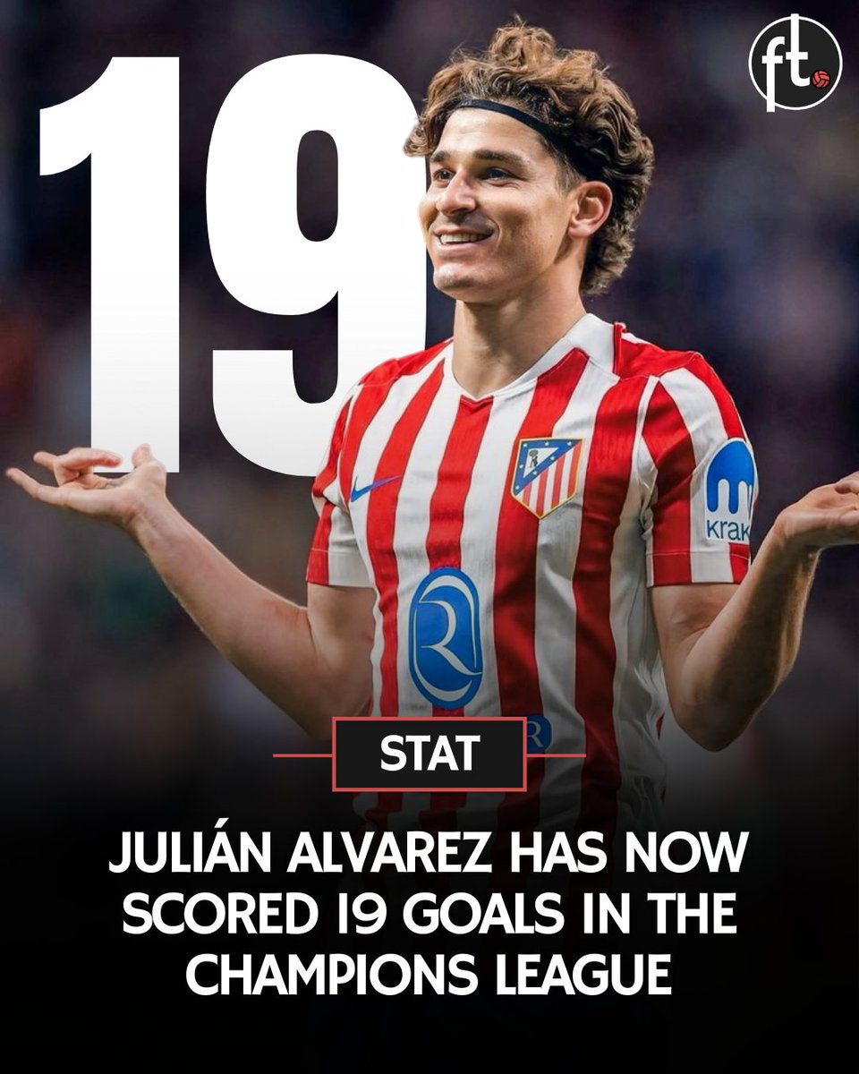 ⚽ Julián Alvarez has now scored 19 goals in the Champions League. 

𝗙𝗜𝗩𝗘 Argentinian players have scored more in this competition than him.

Most goals in the Champions League by Argentinian players: 

🇦🇷 Lionel Messi — 129
🇦🇷 Sergio Agüero — 41
🇦🇷 Hernán Crespo — 25
🇦🇷