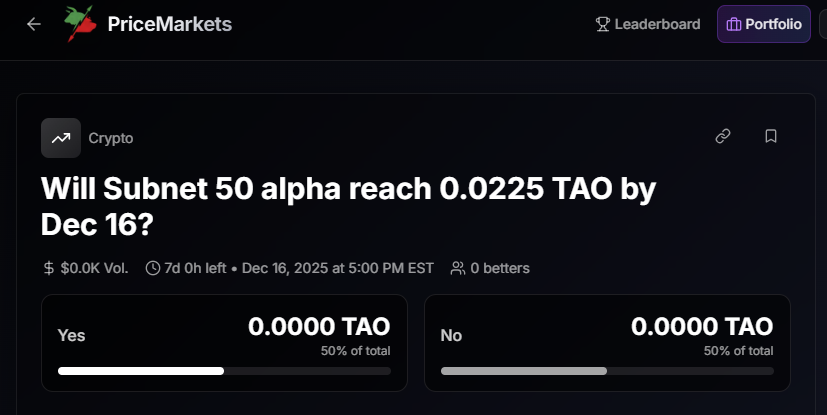 Just loaded up more SN50 – Synth. 🧪⚡️

Why?

One of the strongest subnets in dTAO, spitting real financial markets alpha

Got unfairly nuked by halving fear + TaoFlow last week

Price is sitting right on support

But here’s the fun part 👇

I just opened a prediction market on
