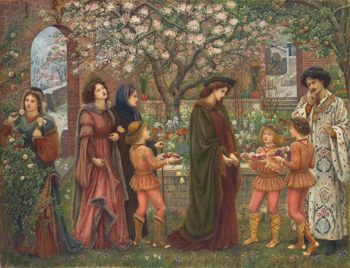 For day nine of our #ArtistAdventCalendar, Marie Spartali Stillman’s ‘The Enchanted Garden’, 1889. Inspired by Boccaccio’s Decameron, despite the distant, snowy scenes, within the walls of Ansaldo’s garden spring is conjured to woo his beloved Dianora.