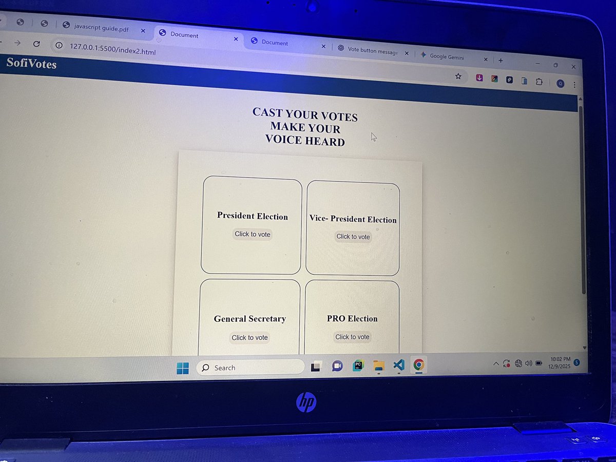 q_sofiat's tweet image. Day 52
So I redesigned my homepage and I did the voting pages too which ine do you prefer , the previous or the new?? A little gist guys , my sibling were mad at me for not putting their pictures too so I had to remove some and theirs 😂

#100dayscoding #FrontendDev #Tech