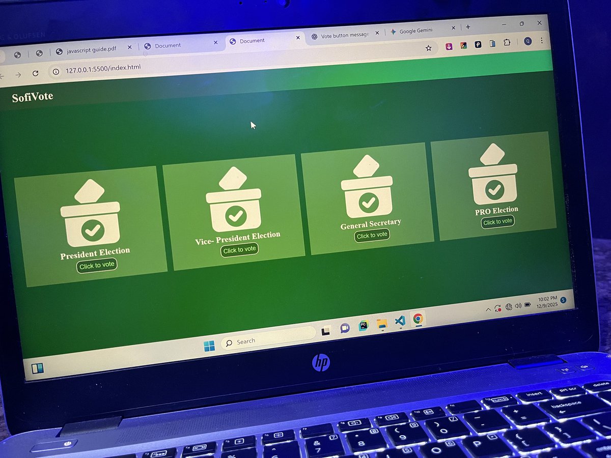 q_sofiat's tweet image. Day 52
So I redesigned my homepage and I did the voting pages too which ine do you prefer , the previous or the new?? A little gist guys , my sibling were mad at me for not putting their pictures too so I had to remove some and theirs 😂

#100dayscoding #FrontendDev #Tech