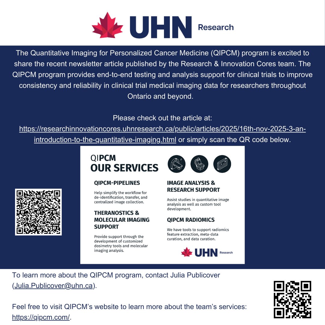 The Quantitative Imaging for Personalized Cancer Medicine (QIPCM) program is excited to share the recent newsletter article published by the Research &amp; Innovation Cores team.

🔗 Read the full article here: researchinnovationcores.uhnresearch.ca/public/article….

<a href="/UHN_Research/">UHN Research</a> 
<a href="/uhntrainees/">The Office of Research Trainees (ORT) at UHN</a>