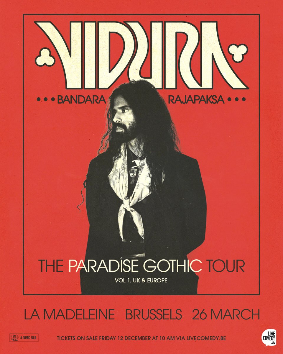 LiveComedybe's tweet image. Get ready, Brussels! Sri Lankan comedy sensation Vidura Bandara Rajapaksa brings his brand-new show 'Paradise Gothic' to La Madeleine on 26 March 2026!
Tickets drop Friday 12 December 2025 at 10 AM via LiveComedy.be/vidura