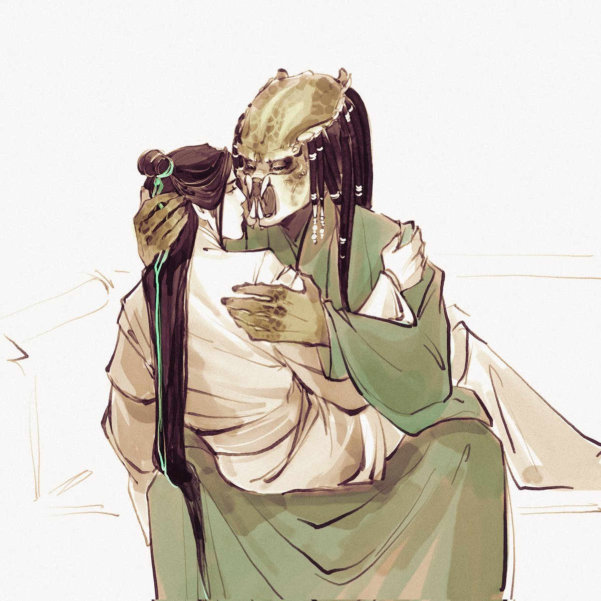 In two minutes after I finished  sketch I decided that in hanfu everyone looks better. It turned out to be true! 
Aren't they beautiful
#svsss #predator #shenyuan  #yautja
