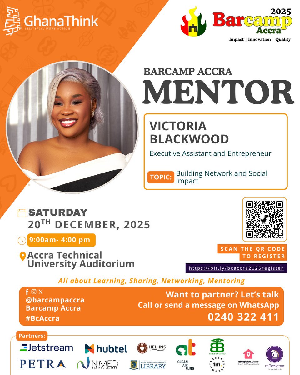 Barcampaccra's tweet photo. Join #BarcampAccra on December 20 at #AccraTechnicalUniversity Auditorium: #mentoring.
Register: https://t.co/Qg5GAII4j3
#bcaccra mentor: Victoria Blackwood | #ExecutiveAssistant & Entrepreneur | #BuildingNetwork and #SocialImpact
#Komseko @KomsekoGH cc @richnane @JustDellez https://t.co/2AcL1UMgTE