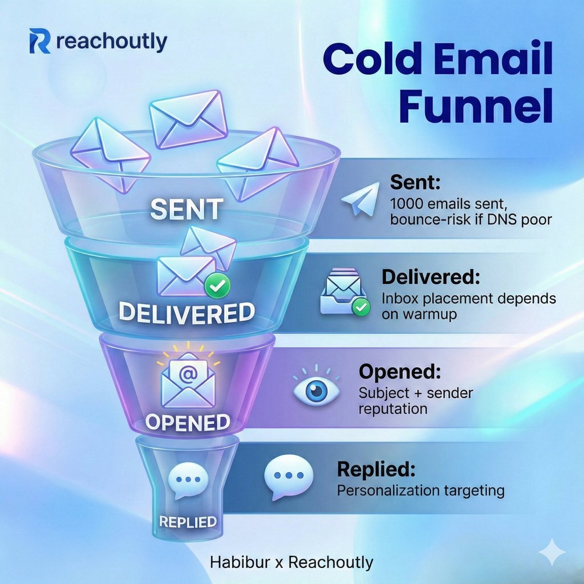 HabibuR_2050's tweet image. Cold emails don’t fail — broken funnels do.
Most people think sending more emails = more replies.

But real results come from fixing every stage of the funnel:
✅ Sent → Clean DNS, low bounce risk
✅ Delivered → Proper warm-up &amp;amp; inbox placement
✅ Opened → Strong subject line…