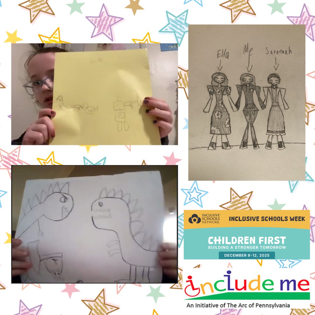 IncludeMePA's tweet photo. It’s Inclusive Schools Week &amp; this year’s theme is “Children First”. In that spirit, our DATL participants shared drawings of a time they felt included or what it looks like when everyone belongs. Celebrate the power of inclusion and belonging with these young artists! https://t.co/71Fc4MkdDE