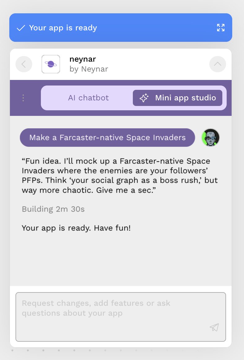 neynarxyz's tweet image. Introducing the Neynar App Studio  

Neynar App Studio is our flagship mini app builder that lets users vibe code mini apps directly inside Farcaster. The NAS lets you go directly from text to a published and registered mini app without ever touching a line of code, while…