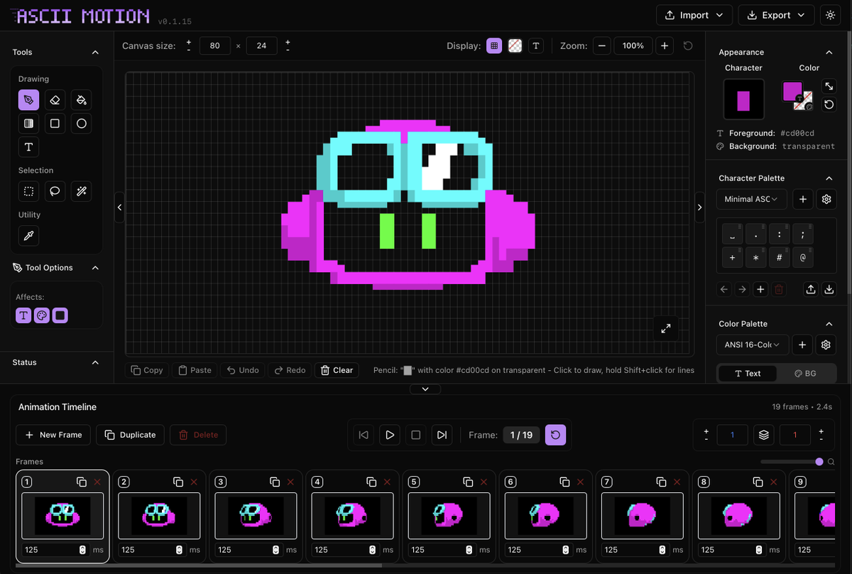 I'm addicted to ascii-motion app by <a href="/CameronFoxly/">Cameron Foxly</a> . This is brilliant. Still trying to figure out what I want, and can't stop playing with it!