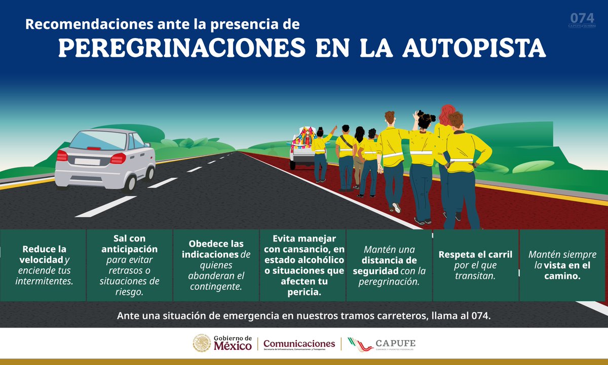 CAPUFE's tweet photo. Toma en cuenta estas recomendaciones para cuando veas peregrinaciones en la autopista. Cada pequeño gesto al volante suma para que todas y todos lleguen con bien. 🚗✨
Comparte para que esta información llegue a más personas.
#TipsViales #PeregrinacionesSeguras #CAPUFE #CAPUFEcontigo