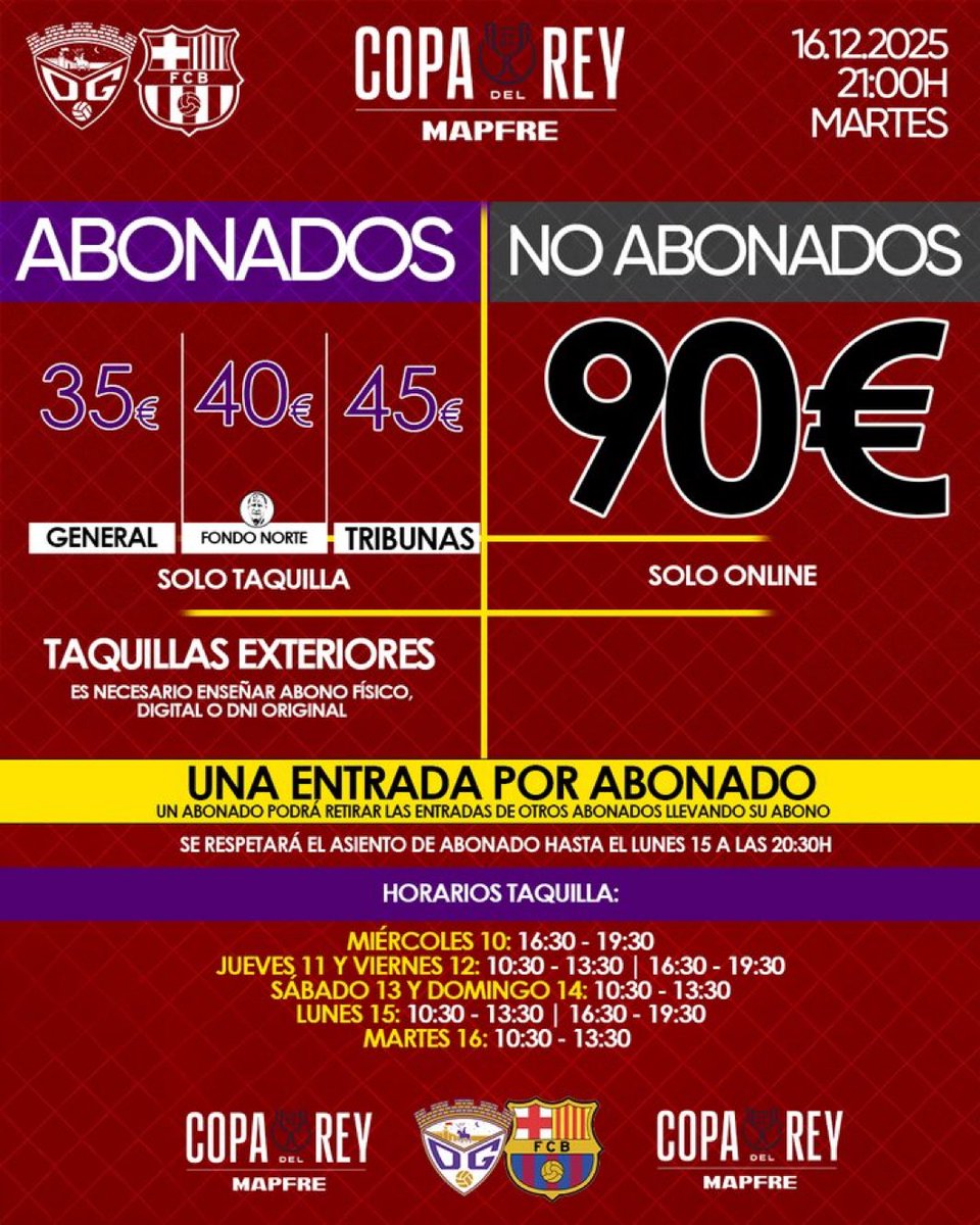 Ya se van conociendo precios de la Copa. 

Jugada maestra del <a href="/deporguada/">C.D. Guadalajara 🟣⚪️</a> poniendo las entradas frente al Barça a 90€ a los no abonados y premiando a los que están día a día.

➕ Además, han sacado el abono de media temporada a 80€ para asegurar entrada. 115€ han clavado a los