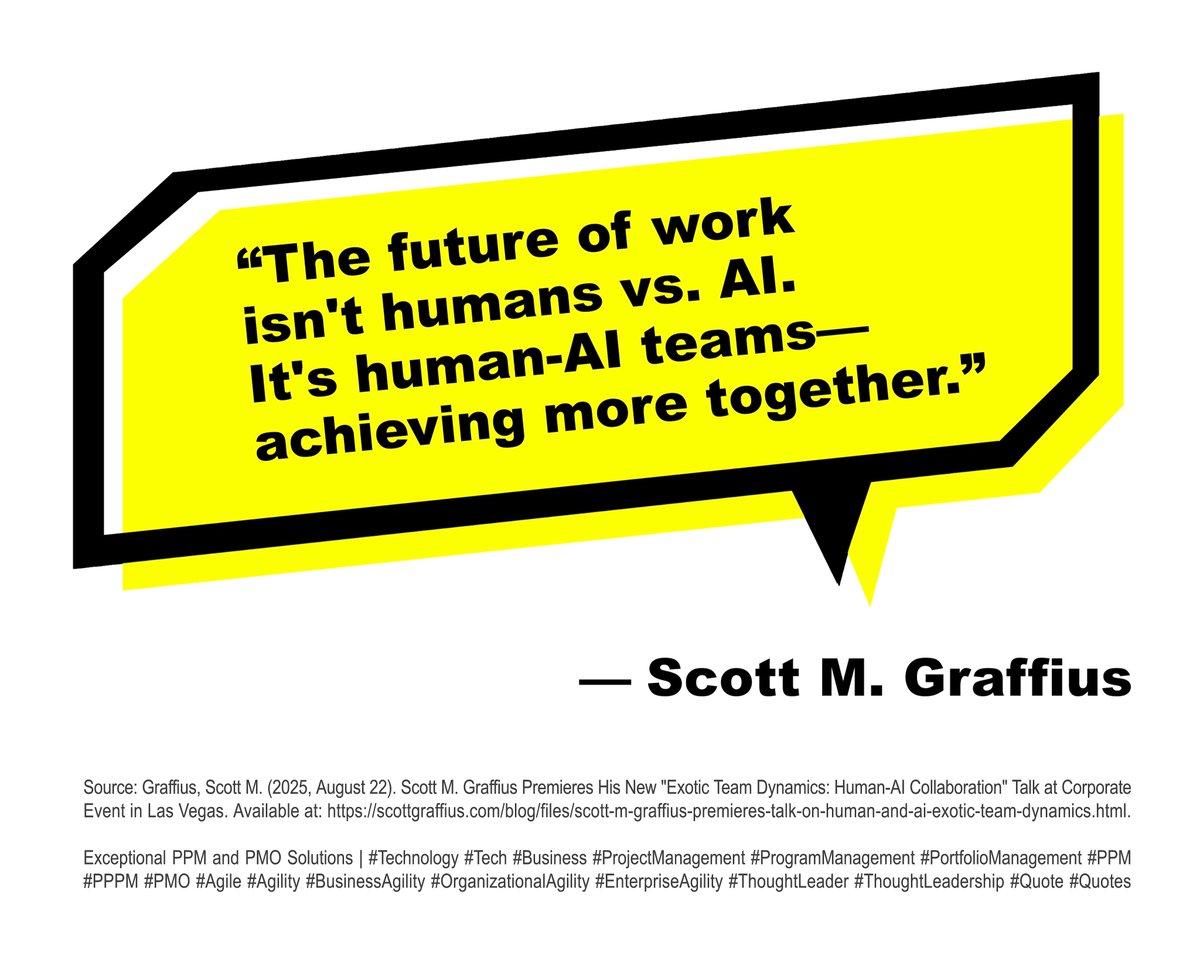 “The future of work isn't humans vs. AI. It's human-AI teams—achieving more together.”
— Scott M. Graffius

Source: scottgraffius.com/blog/files/sco…

#AI #HumanAI #ExoticTeamDynamics
