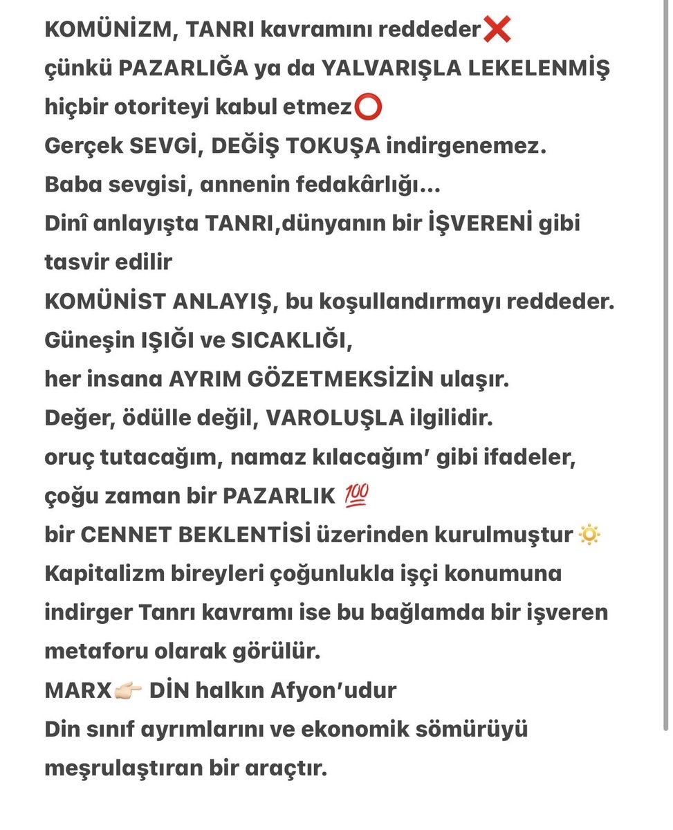 Edavatan's tweet photo. TANRI, kapitalist düzenin yapısıyla neredeyse özdeştir
İLİŞKİ, talep ve karşılık üzerine kuruludur
Bu anlayış işçi ile işveren arasındaki hiyerarşiyi anımsatır
eşitlik içermez kardeşlik ve adalet üretmez
Komünizm Tanrı kavramını reddeder
Komünizmi anlayan kişi Tanrıya inanamaz https://t.co/a8yOwvEW3I
