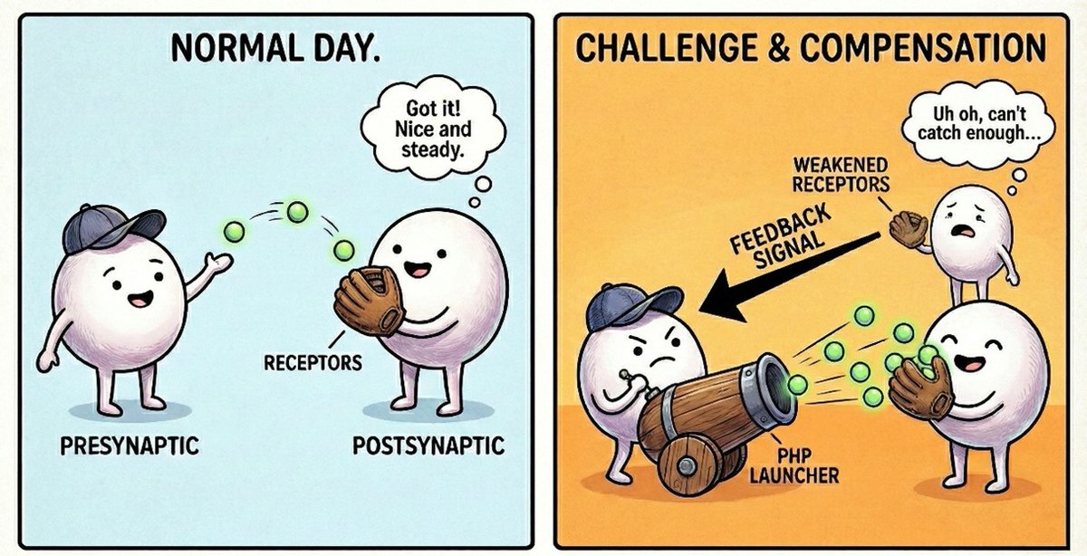 ChengjieQ's tweet image. Synapses are more resilient than you might think! 💪When GluRs are weakened, the presynaptic neuron can compensate by releasing more neurotransmitters, keeping synaptic strength in a stable range. This retrograde process is called presynaptic homeostatic potentiation (PHP). 1/