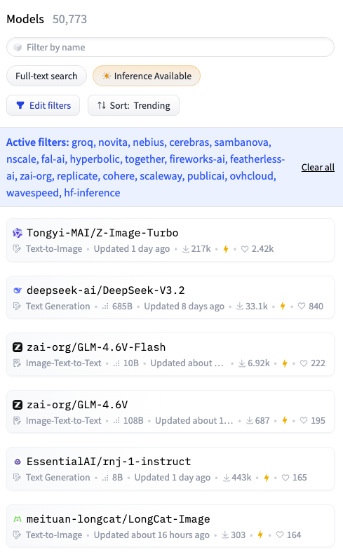 Hugging Face model list