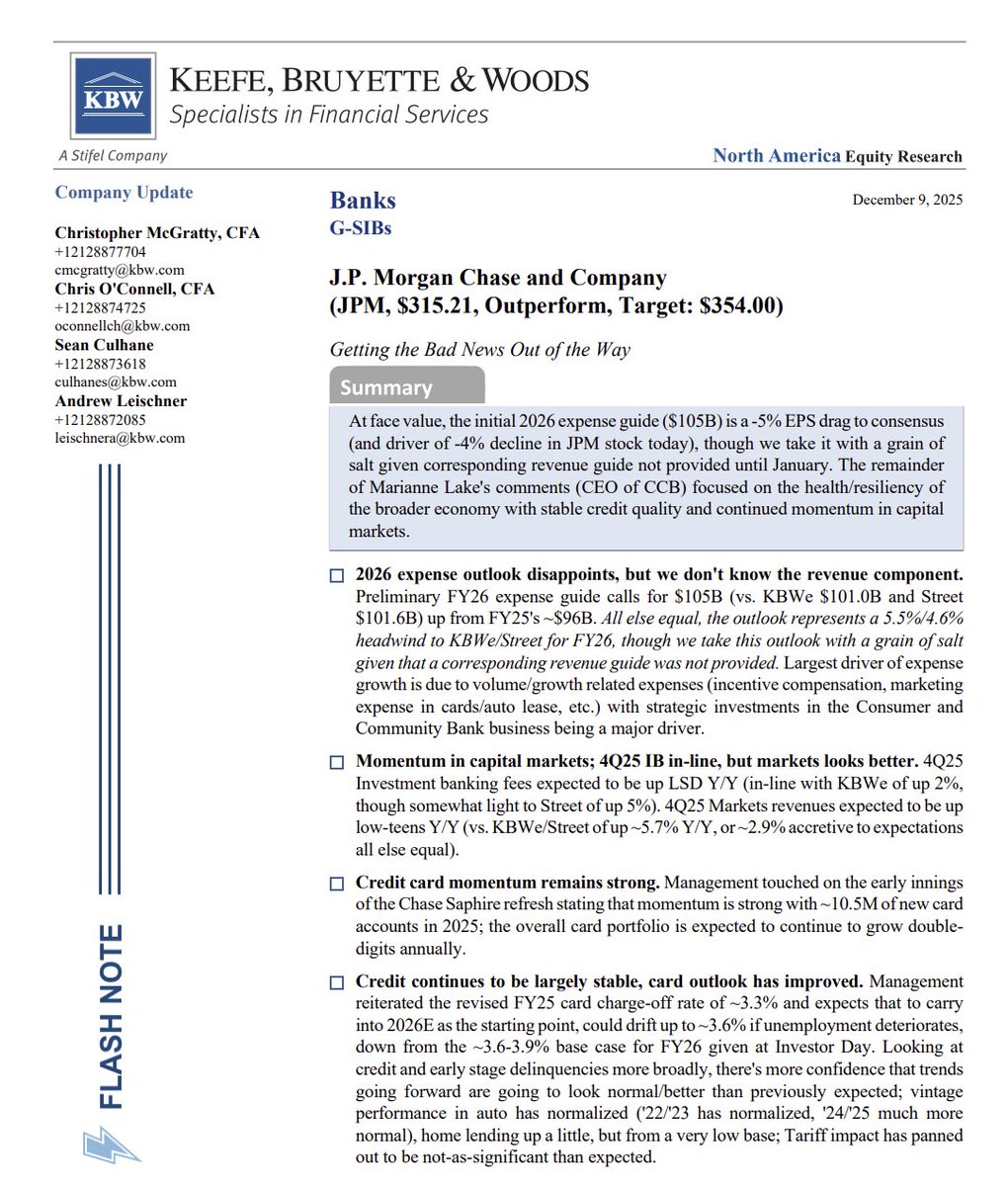 $JPM J.P. Morgan Chase and Company - Getting the Bad News Out of the Way

Summary: At face value, the initial 2026 expense guide ($105B) is a -5% EPS drag to consensus (and driver of -4% decline in JPM stock today), though we take it with a grain of salt given corresponding