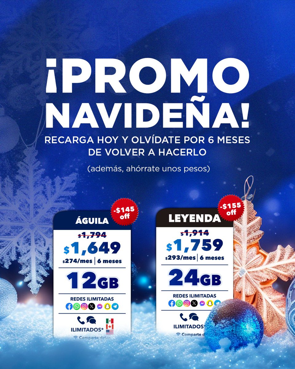 🎄🎁 Nuestro regalo navideño es el ahorro que te damos al recargar un semestre de RedÁguila:
 redaguila.com.mx/recarga