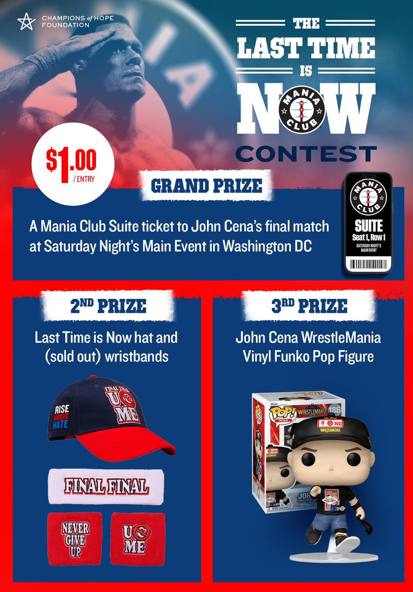 TIME IS RUNNING OUT! We’re giving away one ticket to the Mania Club Suite for <a href="/JohnCena/">John Cena</a>’s last match

You could win for donating as little as $1 to charity! 

Plus, get secondary prizes of a Last Time Is Now hat and wristbands, or a Cena Funko

Enter here:
facebook.com/share/p/1ARu1c…