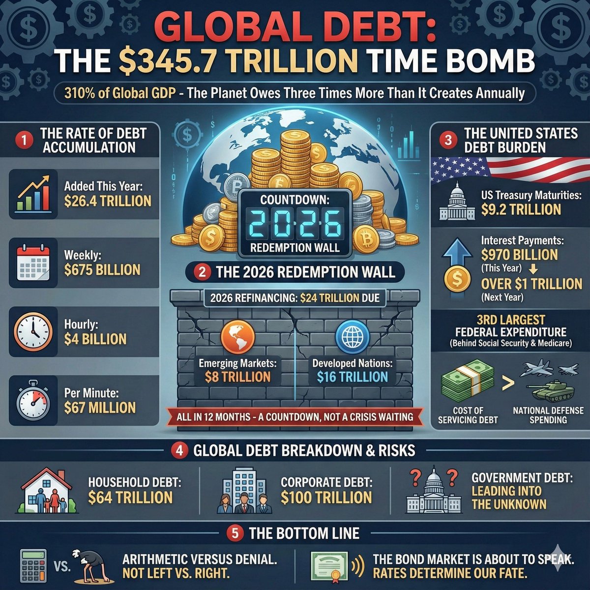 GLOBAL DEBT JUST HIT $345.7 TRILLION

That is 310% of everything the world produces in a year.

Read that again.

Three hundred and ten percent.

The planet now owes three times more than it creates annually. We added $26.4 trillion this year alone. That is $675 billion every