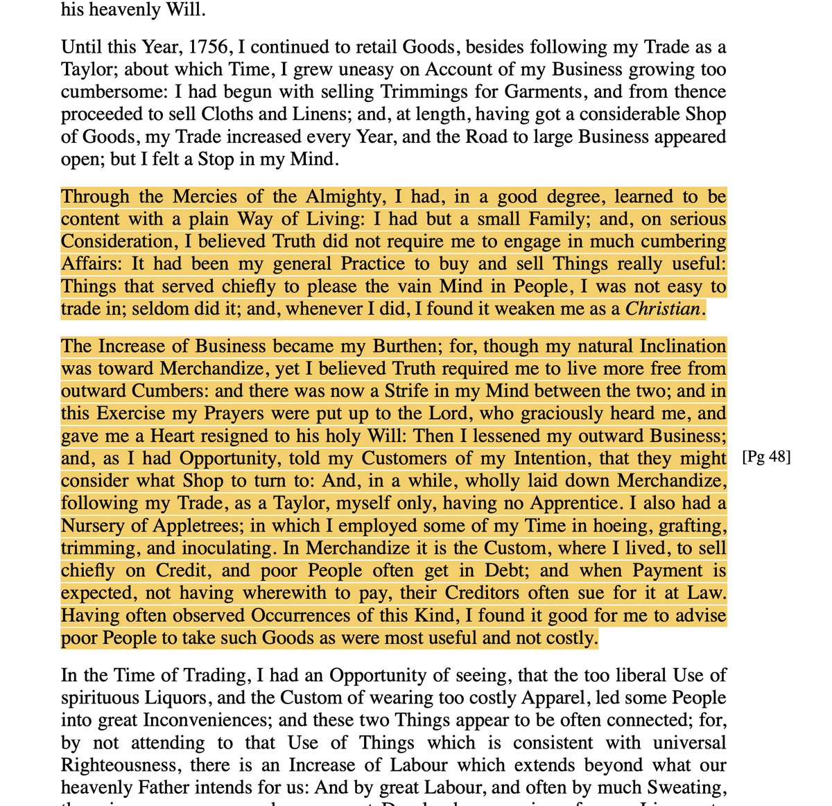 WillManidis's tweet photo. one of my favorite early quaker texts is John Woolman's Journal (1774) wherein the merchant's business is booming, but he soon realizes that scaling would burden his soul with "cumber" (unnecessary busyness) so he sabotages it to fail

 perhaps llms can help us eliminate cumber. https://t.co/QiVvF3476k