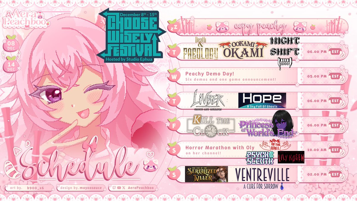 ~🌸 schedule for 12/8 - 12/14 🌸~

Let the games begin! There are a LOT of them! Tonight is our start of the festival, with about 5-6 hours of gameplay each night. Saturday will be a special marathon with <a href="/OlympiaLoveVT/">Olympia Love 🎾 Tennis Vtuber</a>! ✨

#ChooseWiselyFestival hosted by <a href="/EphuaHQ/">Studio Ephua 🦋 Choose Wisely Host 🦋 SoloDev</a>!