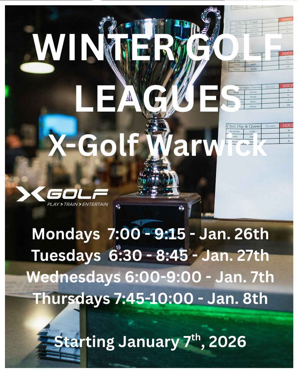 XGolfWarwick's tweet photo. X-Golf Warwick Winter Leagues will start in January. Please see below the four league offerings and their start dates. Please have you and your teammates sign up as soon as possible as these are expected to fill quickly.

Monday 7PM - Jan.... https://t.co/1VDrzau3O3

#golfleagues https://t.co/VpBp4ijiSk