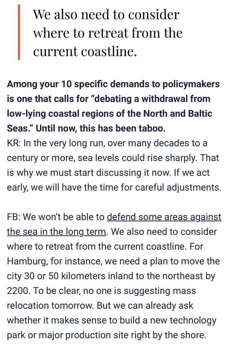 We won’t be able to defend some areas against the sea in the long term. We need to consider where to retreat from the current coastline. For Hamburg we need a plan to move the city 30 or 50 kilometers inland to the northeast by 2200 #ManagedRetreat

worldcrunch.com/focus/green-or…