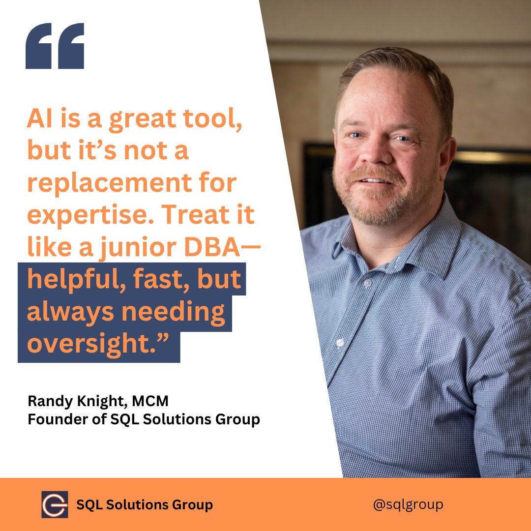 SQLGroup's tweet image. AI can speed up SQL Server work, but it still requires human expertise. Randy Knight explains why treating AI like a junior DBA protects code quality, performance, and reliability. 
na2.hubs.ly/H02sVj10
#microsoftpartner #it #sqlserver #sql #sqlserver2025 #ai #chatgpt #dba