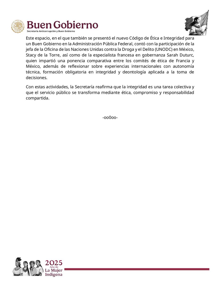 BuenGobierno_mx's tweet photo. #ComunicadoBuenGobierno

La Secretaría Anticorrupción y #BuenGobierno llevó a cabo el Ciclo de Actividades por el #DíaInternacionalContraLaCorrupción, el cual reunió a jóvenes, especialistas nacionales e internacionales, personas servidoras públicas y representantes de los Comités de Ética de toda la Administración Pública Federal con el objetivo de fortalecer la cultura de integridad, promover entornos laborales seguros y dignificar el servicio público.

📄https://t.co/mKONzUDqRl